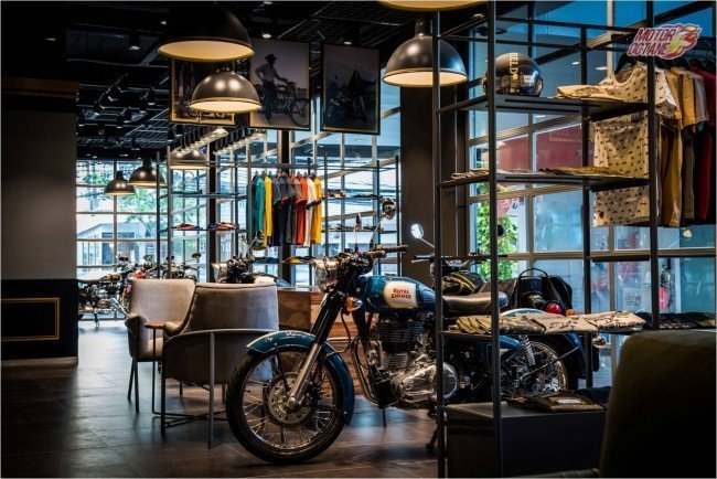 A Royal Enfield proudly stands at the new the company's new exclusive store in Bangkok launched today