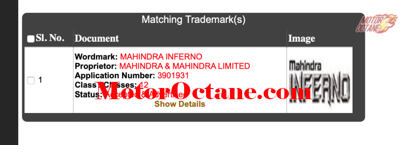 Mahindra Infrno trade mark